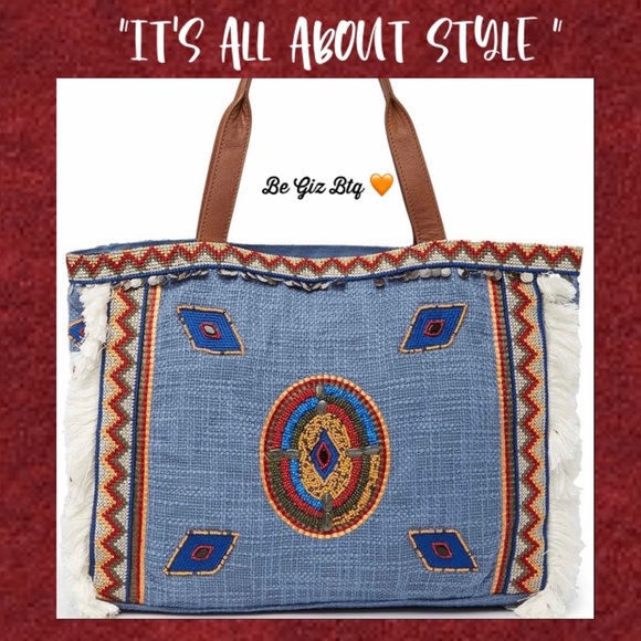 NWT Sam Edelman Denim Tote Bag With Vibrant Geometric Shape Trim - Picture 3 of 13